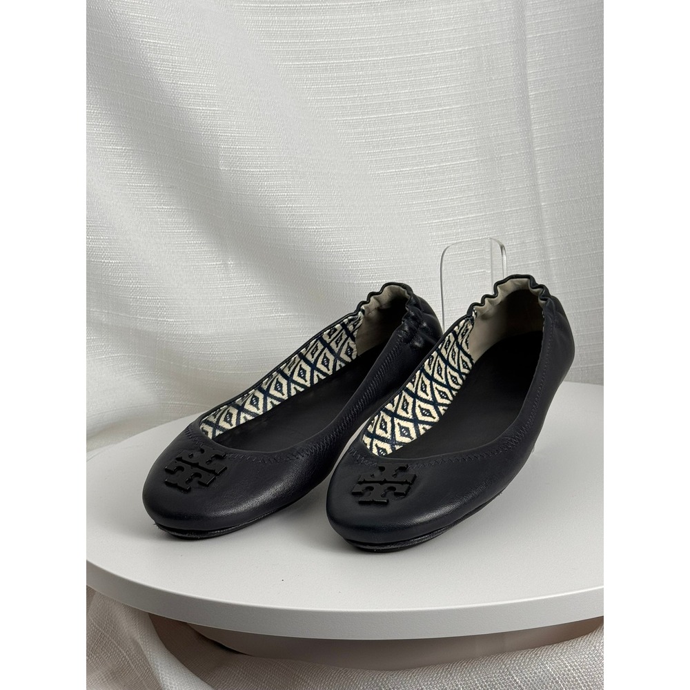 Tory Burch Minnie Travel Ballet Flats Navy Blue Leather Tonal Logo Size 6.5